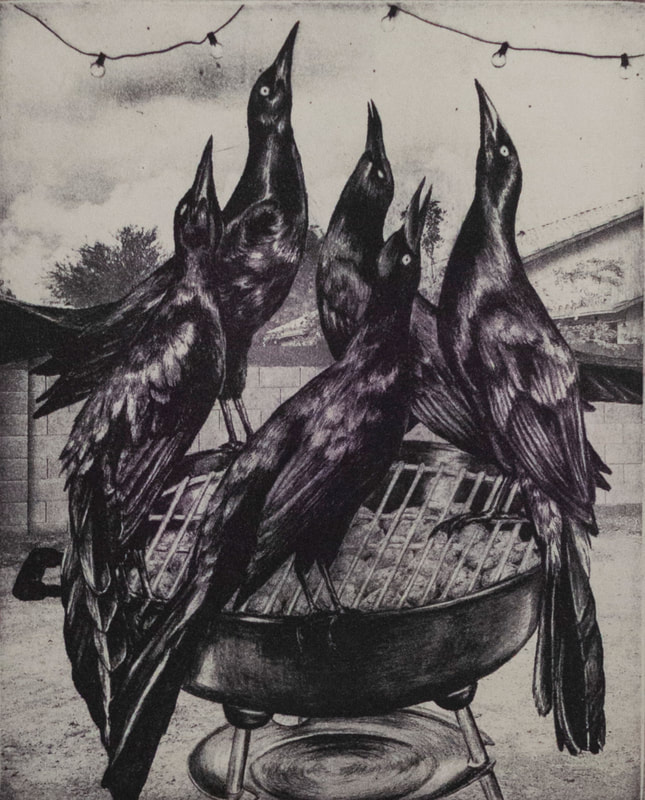 etching of grackles on a grill